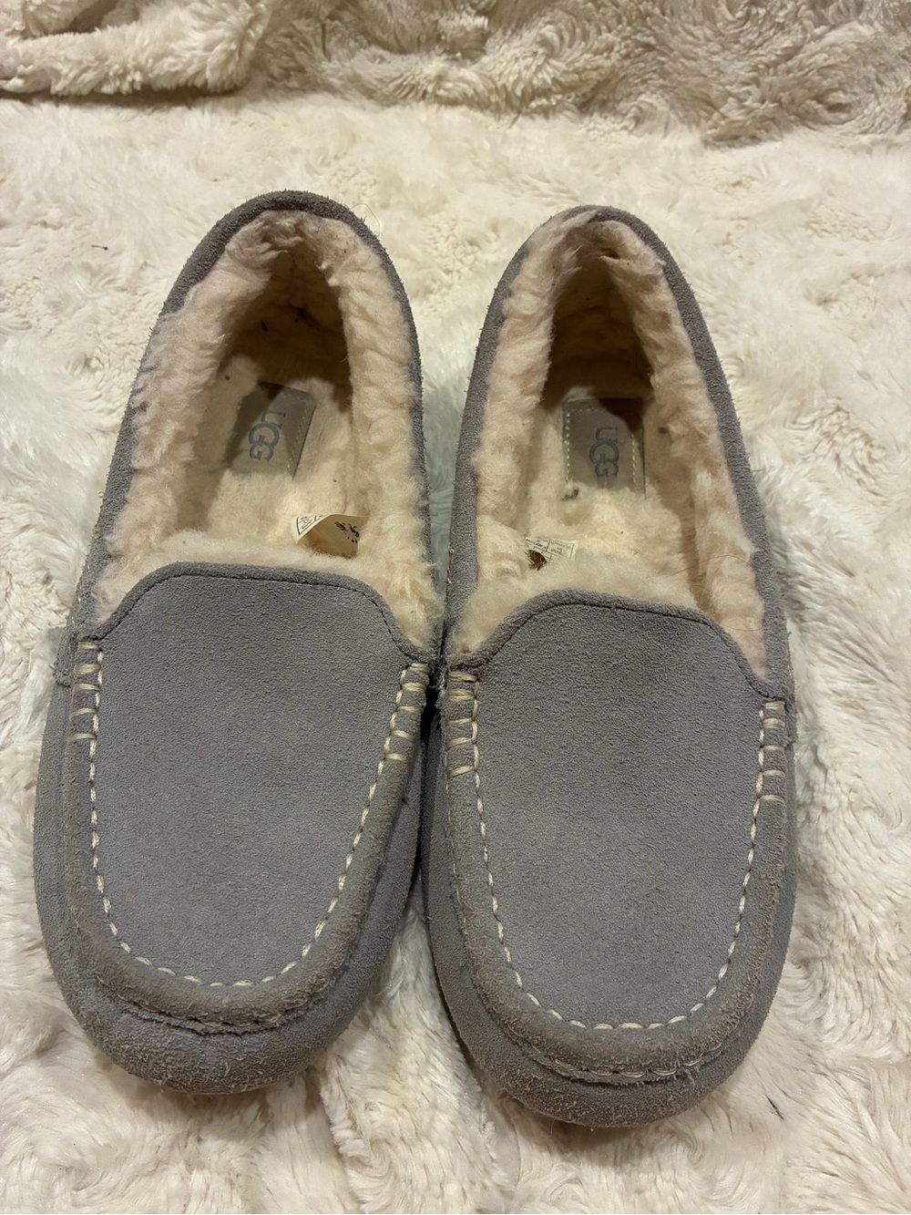UGG Men's Light Gray Suede Moccasin Slippers with Shearling